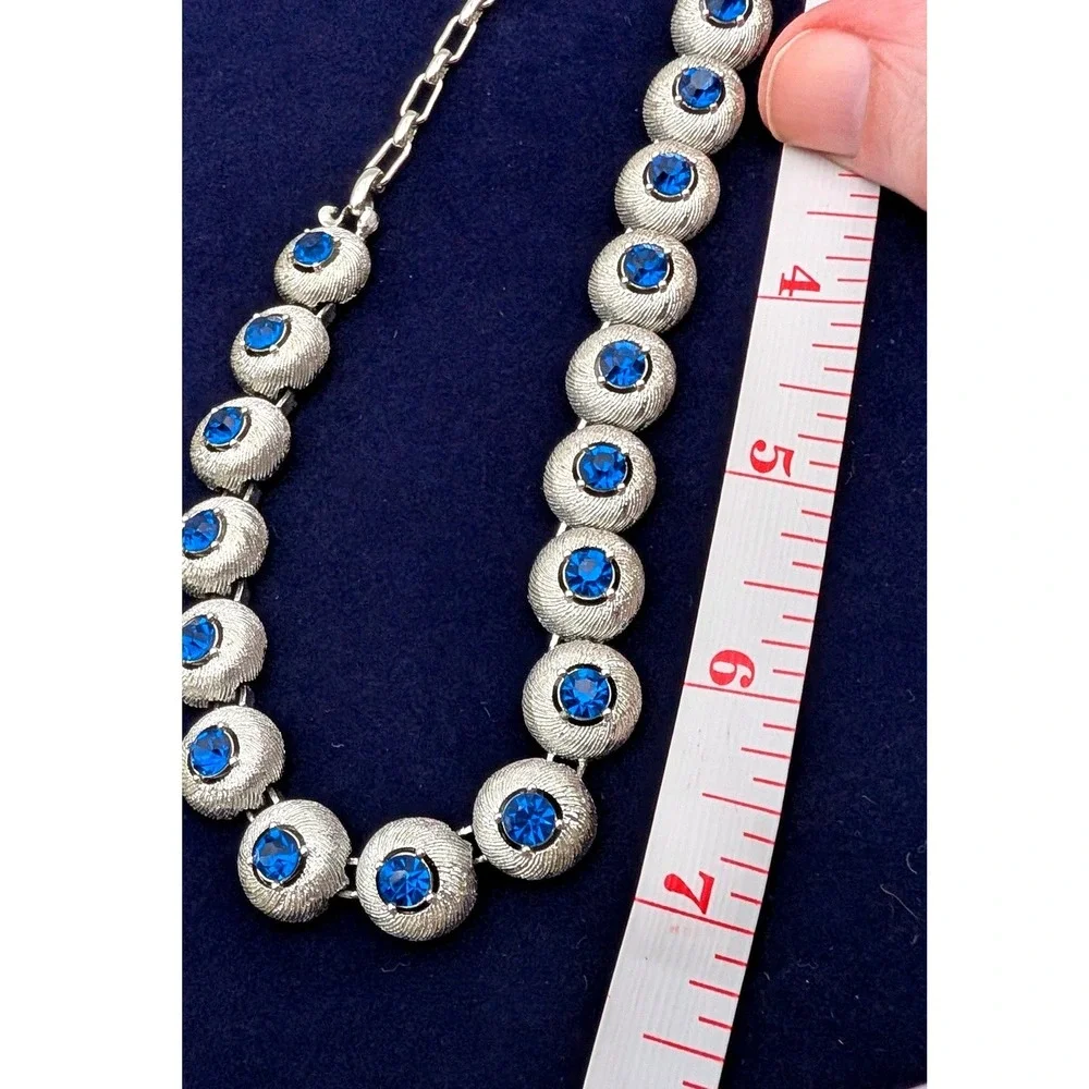 Vintage Silver Tone Blue Rhinestone Choker Necklace and Clip On Earrings Set